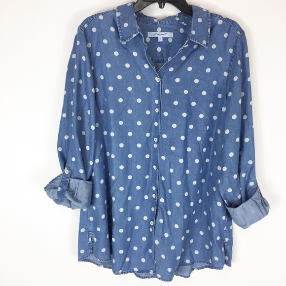 Foxcroft Tops - Foxcroft Button Down Blouse 14 Chambray Polka Dot